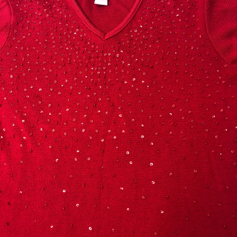 Avenue Women’s Red VNeck Sweater w/ Sequin & Beads